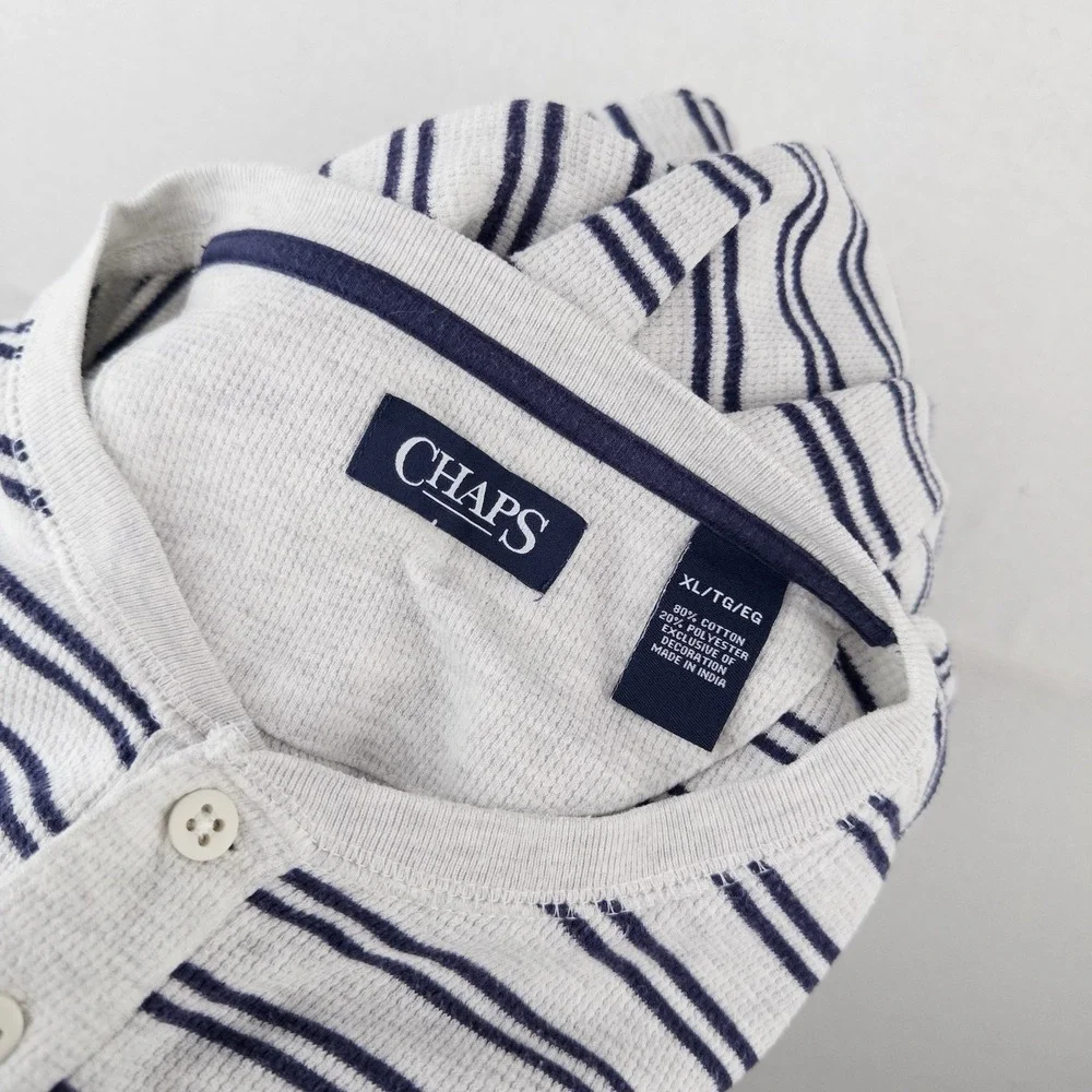 Chaps Ralph Lauren Men's XL Gray Blue Stripe Henley Shirt Long Sleeve *Pinhole
